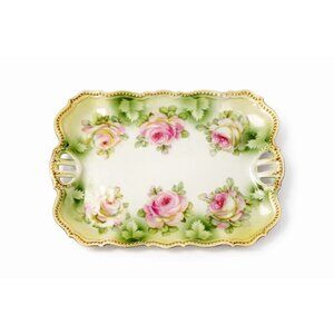 Bread Celery Serving Tray Dish PK Silesia Pink Roses Pierced Reticulated Handles